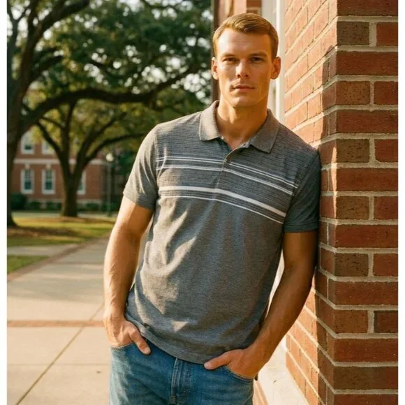 Calvin Klein Mens Large Gray Striped Polo Shirt Cotton Casual Preppy Classic Y2K - Picture 1 of 7